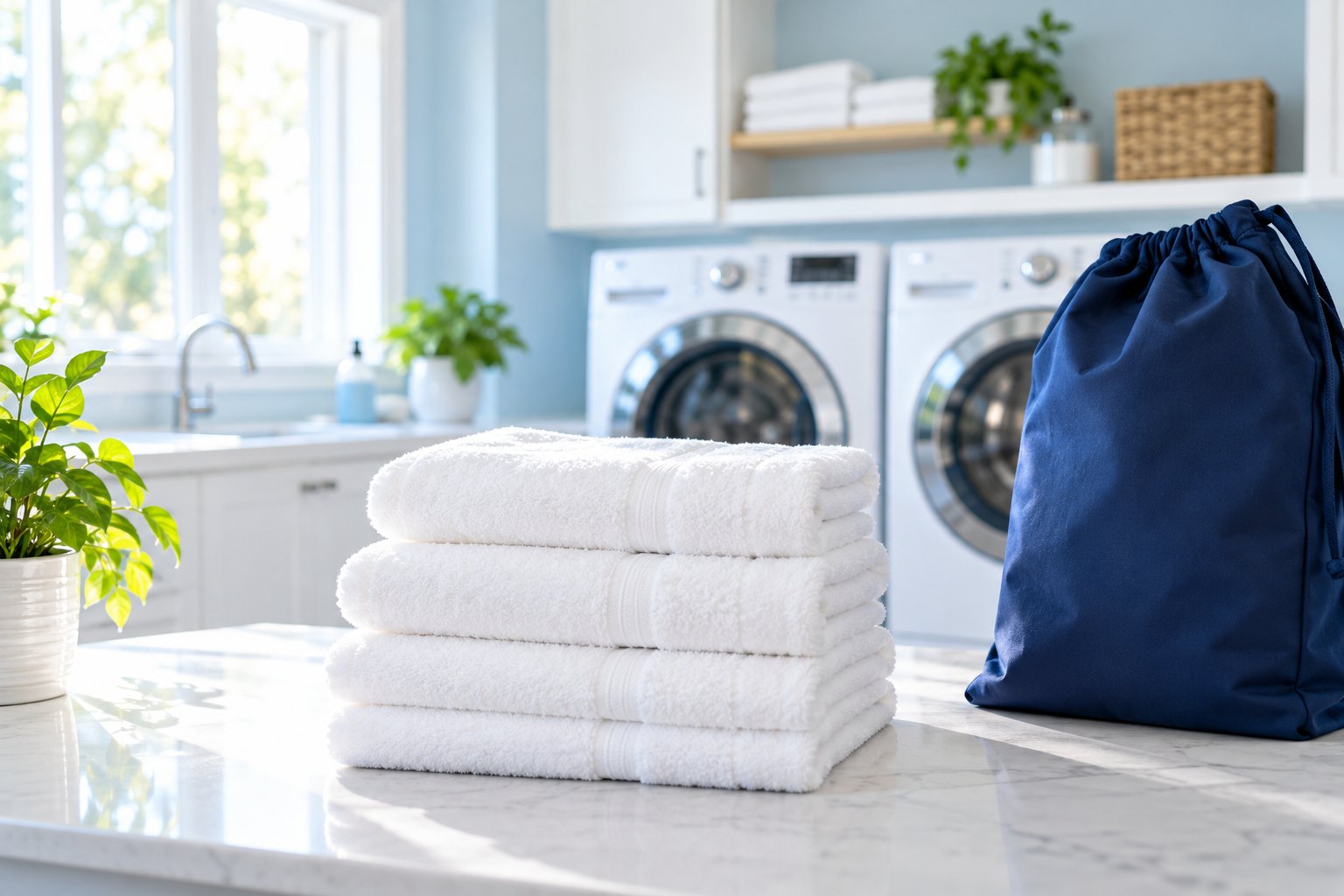 Freshly folded white towels and a blue laundry bag in a bright laundry room